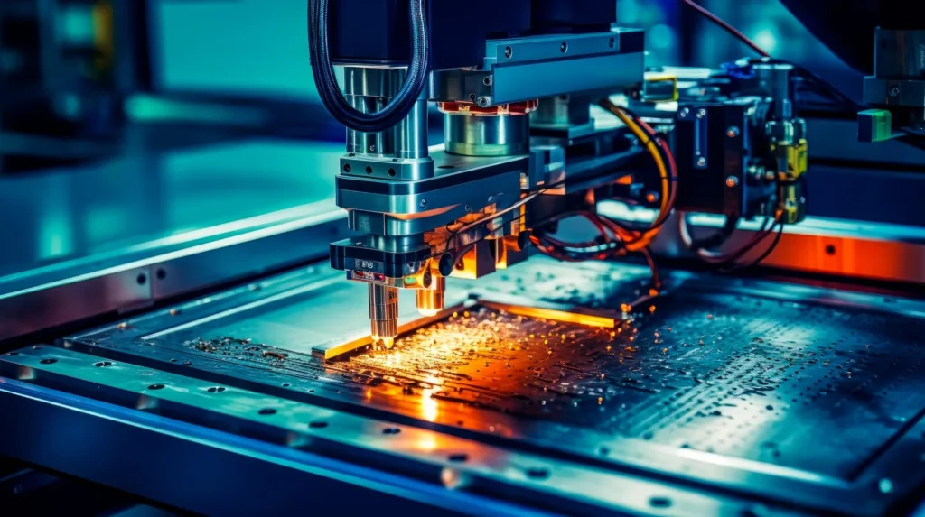 Industrial robotic arm cutting or welding metal sheet with sparks in automated factory.