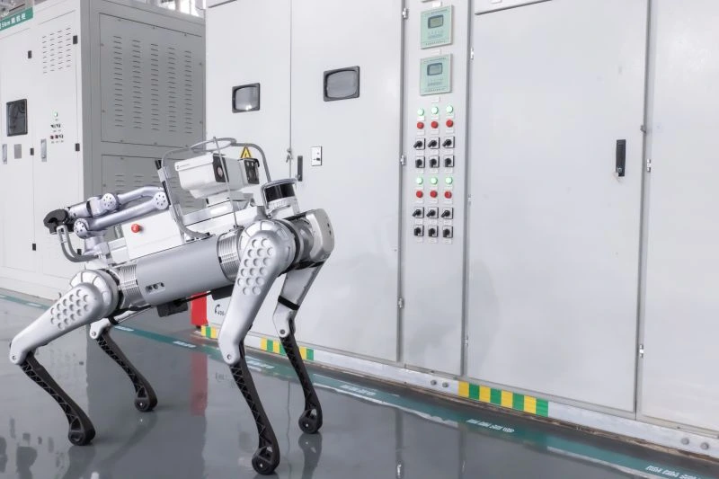Robot dog walking inside a technology lab