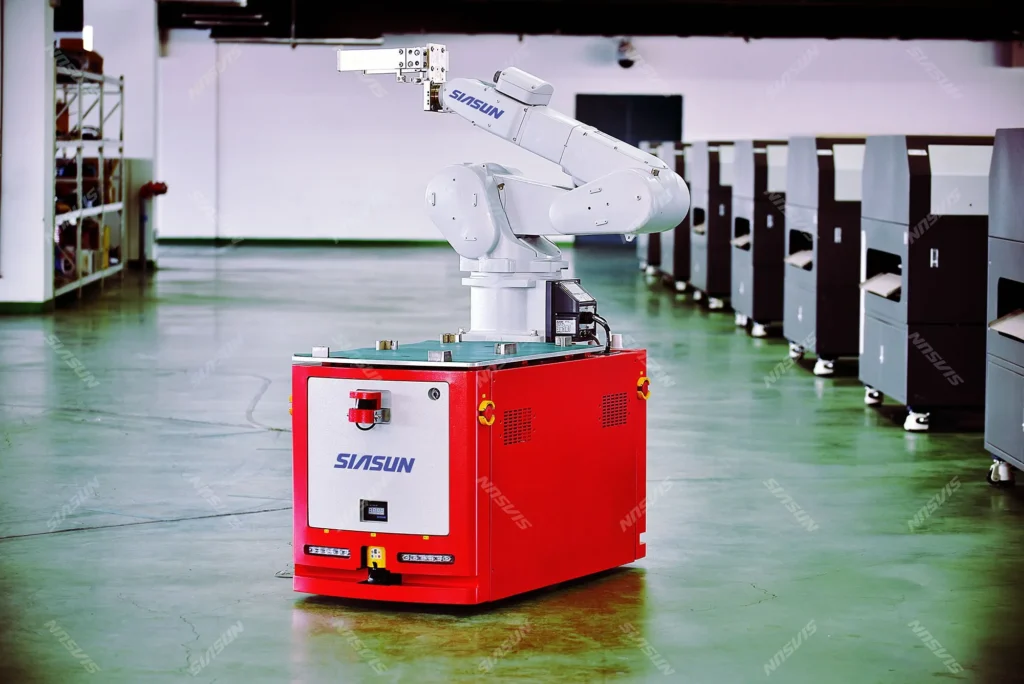 White SIASUN robotic arm mounted on a red base in a clean industrial workspace.