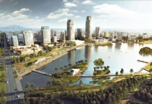 Xiongan New Area waterfront skyline and urban development