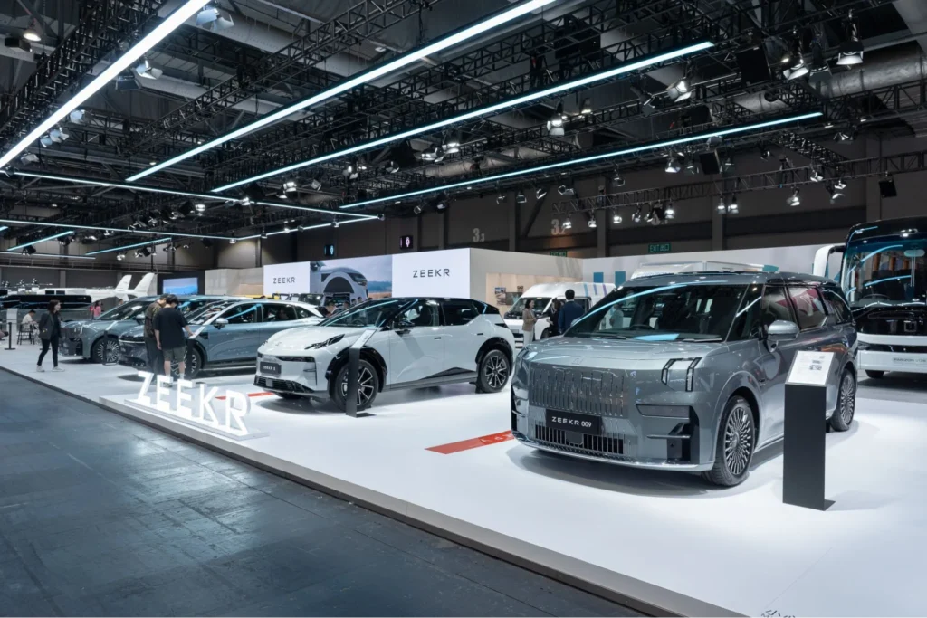 Zeekr electric vehicles displayed at an auto show, highlighting Geely’s premium EV strategy