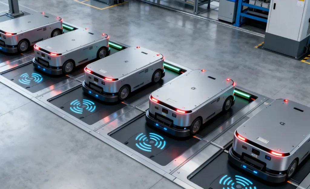AGV robots parked on wireless charging pads