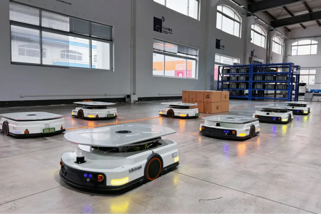 AMR fleet operating inside a robotics warehouse