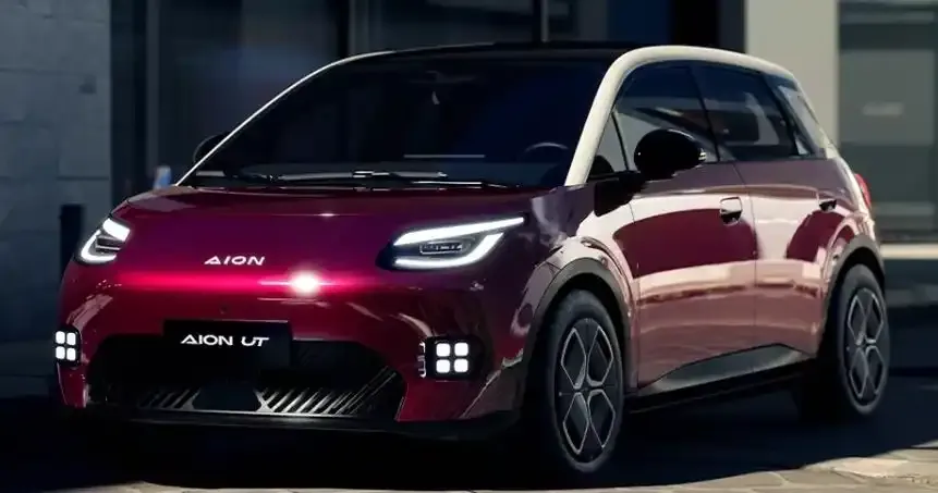 Red Aion electric car showcased in Guangzhou China