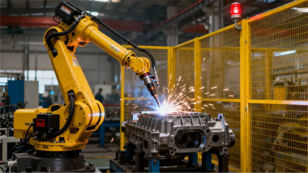 Yellow robot arm welding component