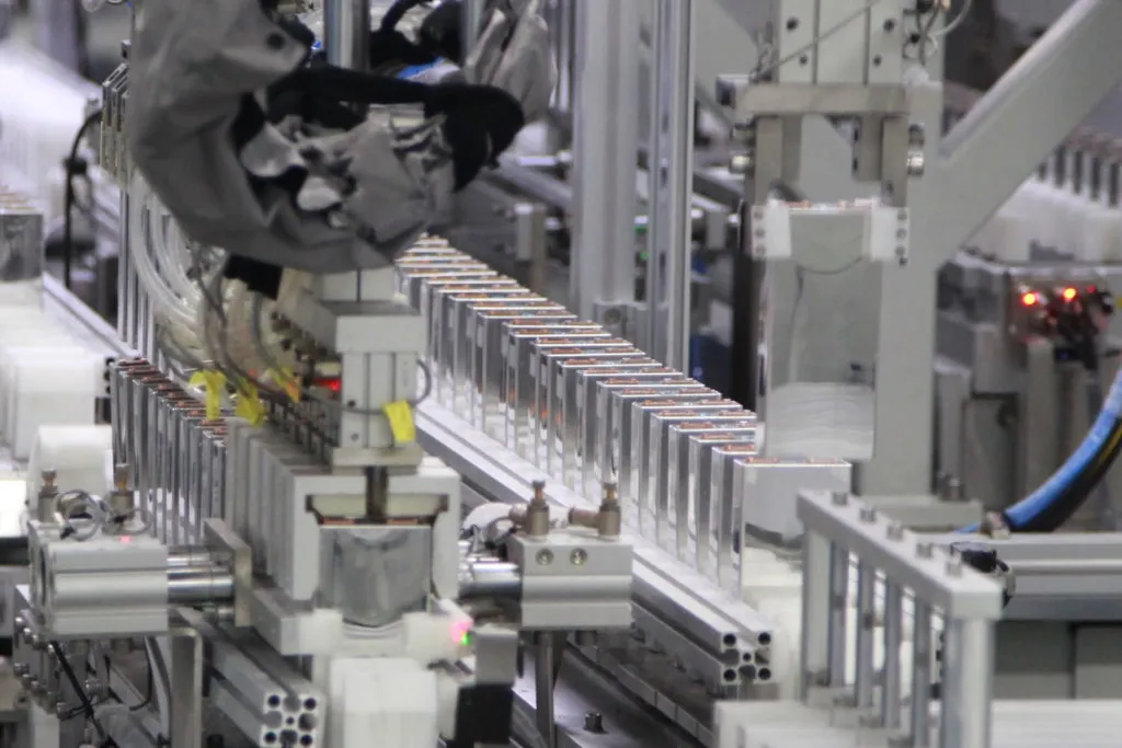 Automated battery cell production line in a factory