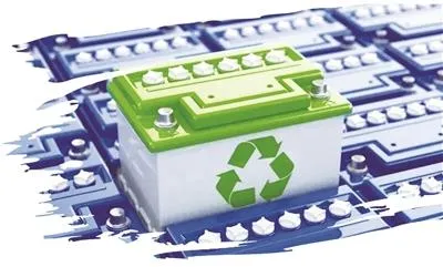 Recycling symbol on a battery among battery cells