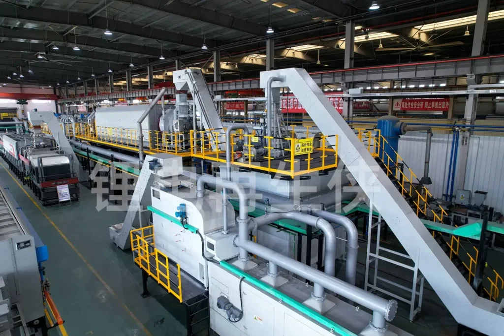 Industrial battery recycling line inside a factory