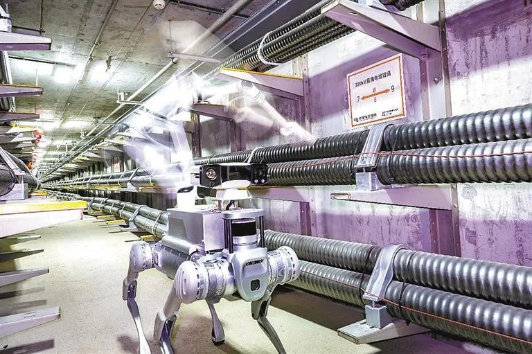 Robot dog inspecting cables in an underground tunnel