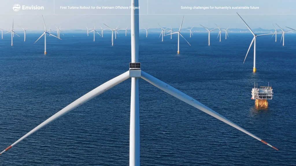 Envision wind turbines operating in an offshore sea wind farm