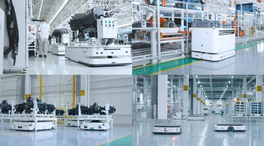 Mobile robots moving parts inside an automated factory