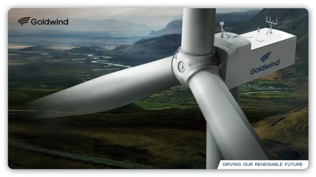Close-up of a Goldwind wind turbine in a mountain landscape