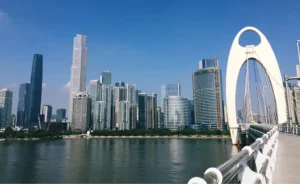 Guangzhou China skyline with bridge and river view