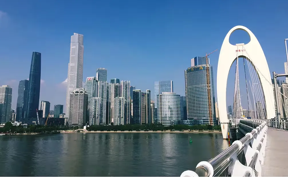 Guangzhou China skyline with bridge and river view
