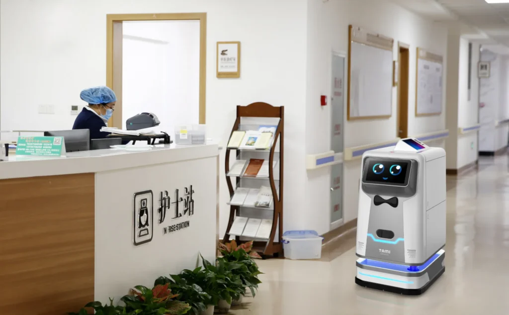 Medical service robot operating near a hospital nurse station.