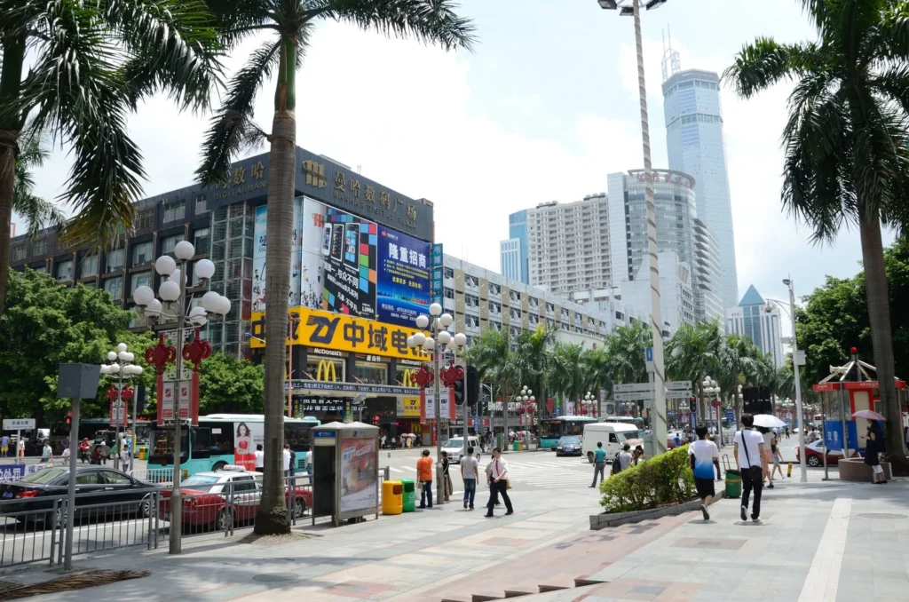 Busy Shenzhen electronics street with high-rise buildings