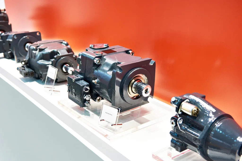 Heavy-duty industrial pumps displayed at an exhibition.