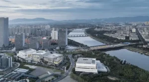 Aerial view of Jinhua city and river