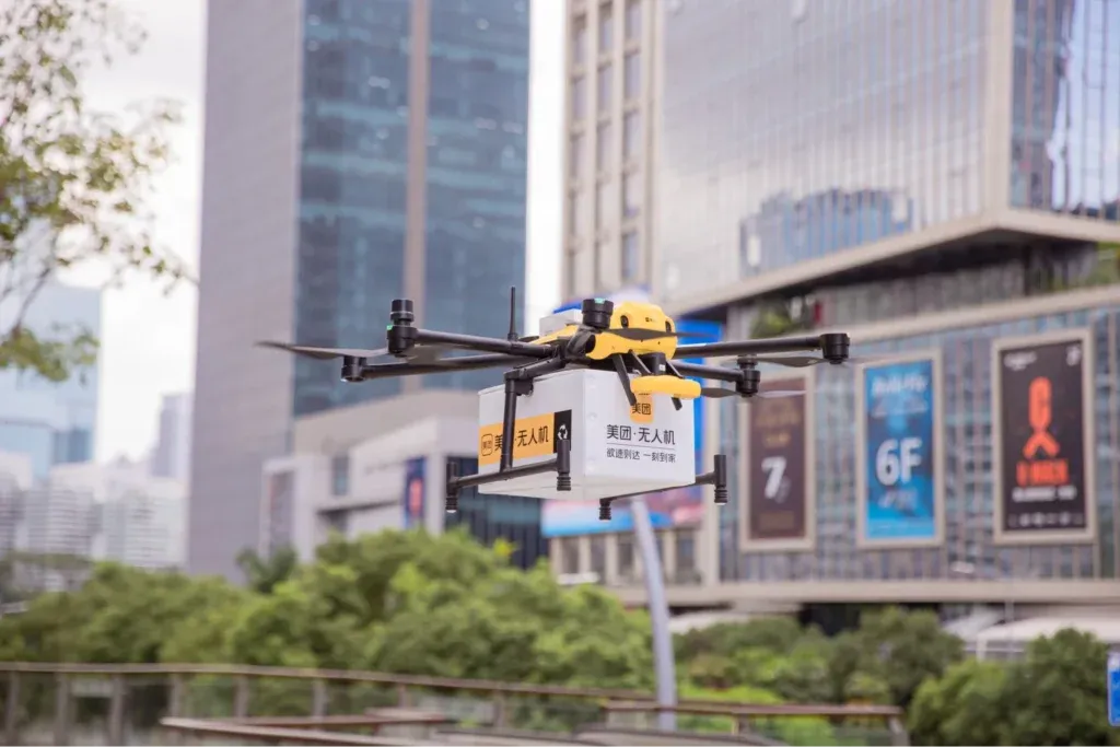 Delivery drone flying with package