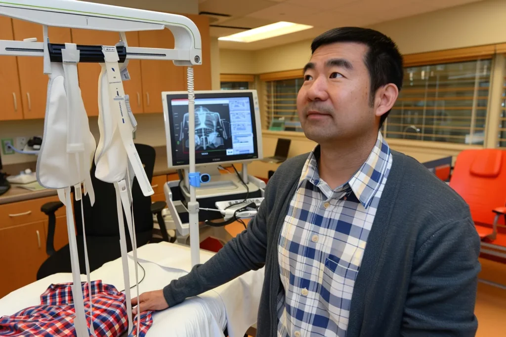 Man beside rehabilitation lift system in therapy room