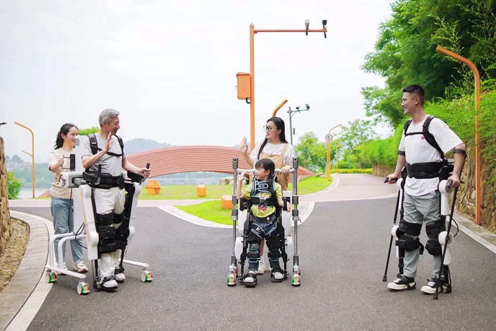 Patients using robotic exoskeletons for walking rehabilitation.