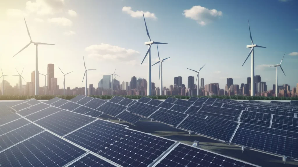Solar panels and wind turbines near city