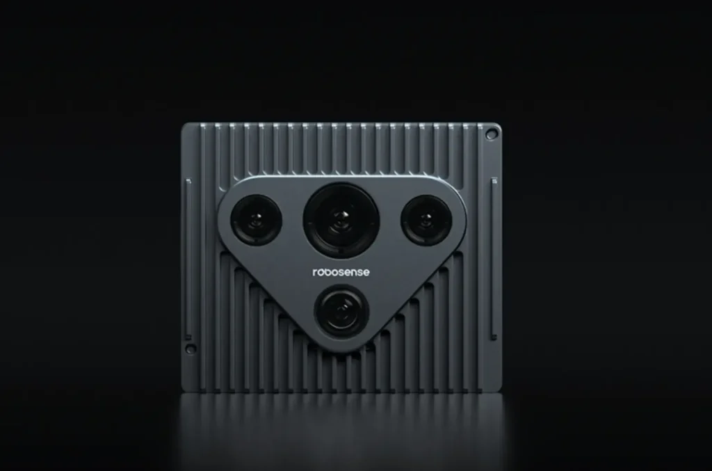 RoboSense AI-powered robotic vision sensor on black background.