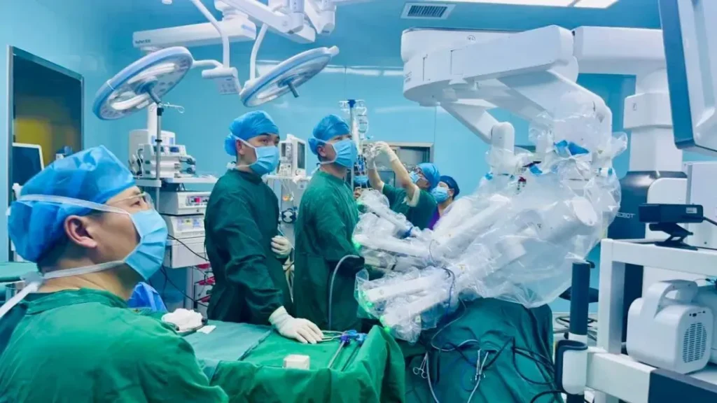 Doctors using surgical robot during procedure