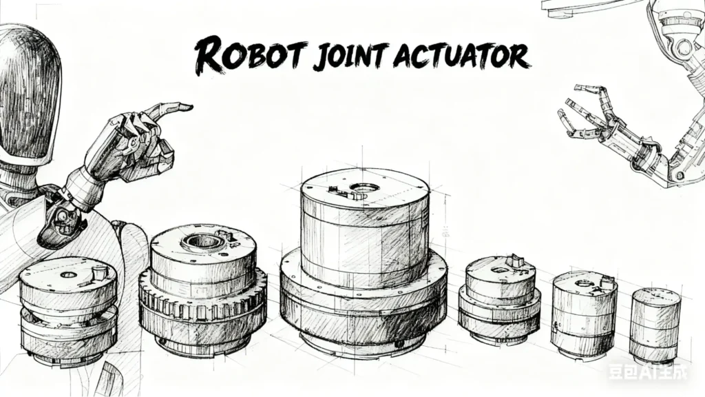Robot joint actuator sketch with robotic arms