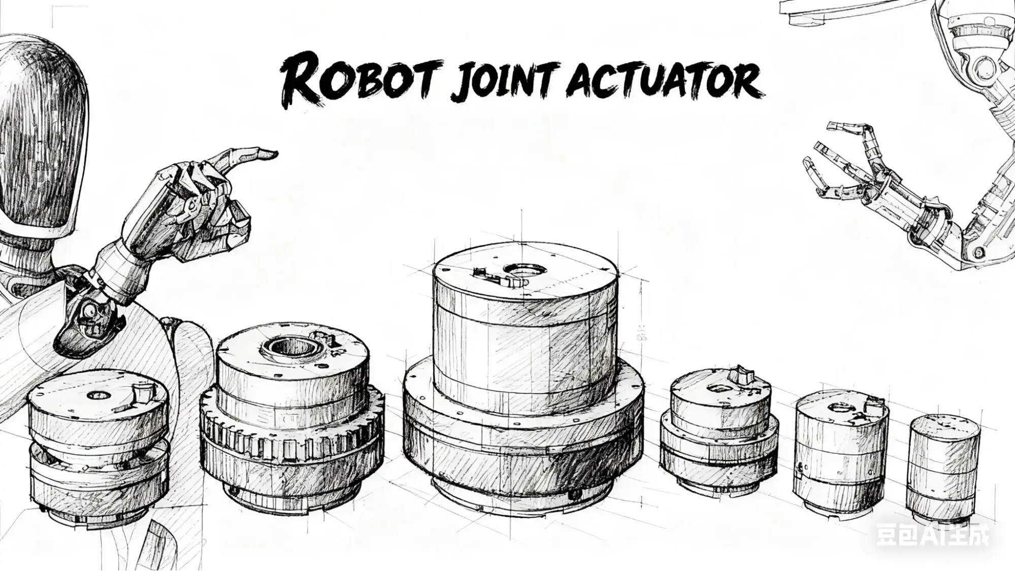 Robot joint actuator sketch with robotic arms