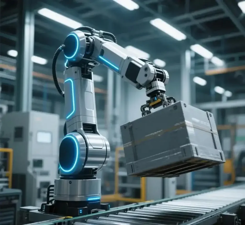 Robotic arm lifting a box on a factory conveyor.
