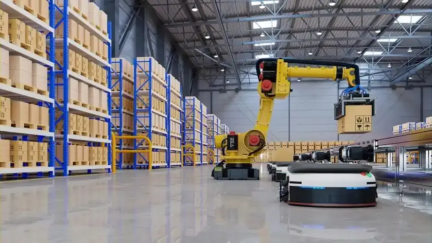 Robotic arm handling boxes in a warehouse