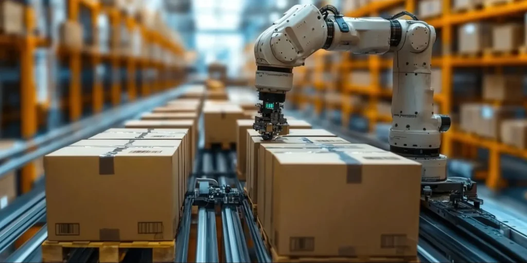 Robotic arm sorting boxes on a warehouse conveyor