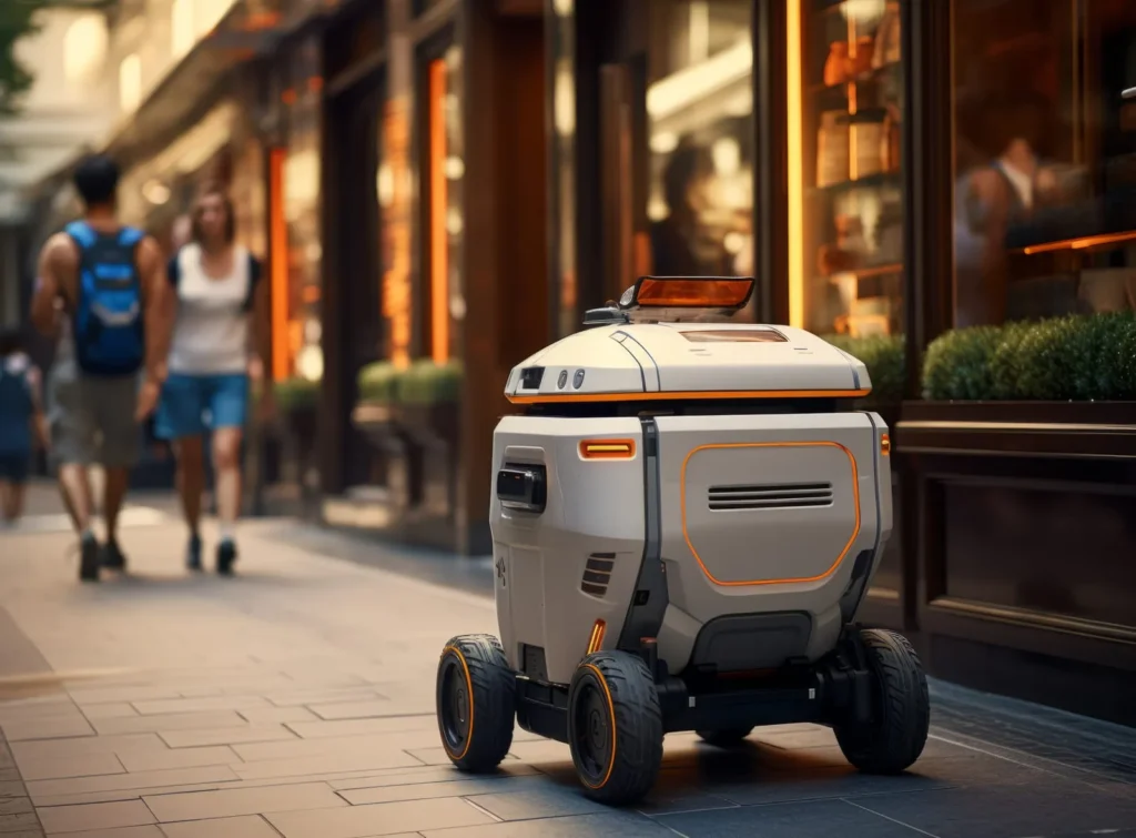 Delivery robot moving along city sidewalk
