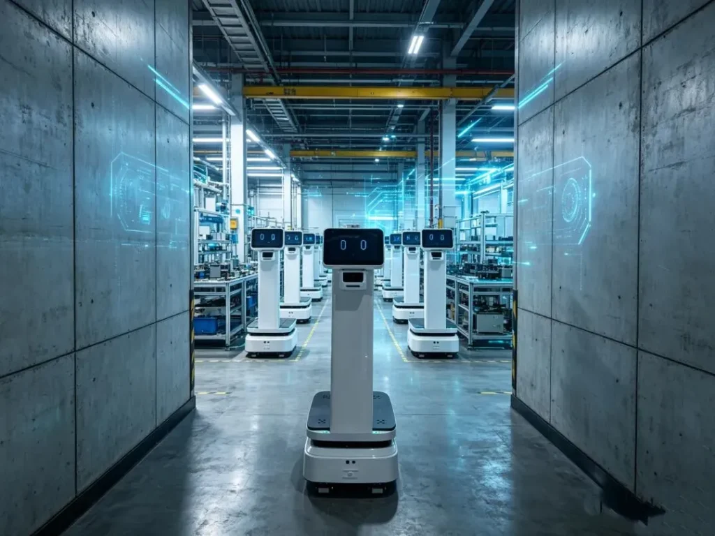 Humanoid robots lined up in a smart factory