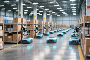 Smart warehouse with mobile robots and robotic pickers