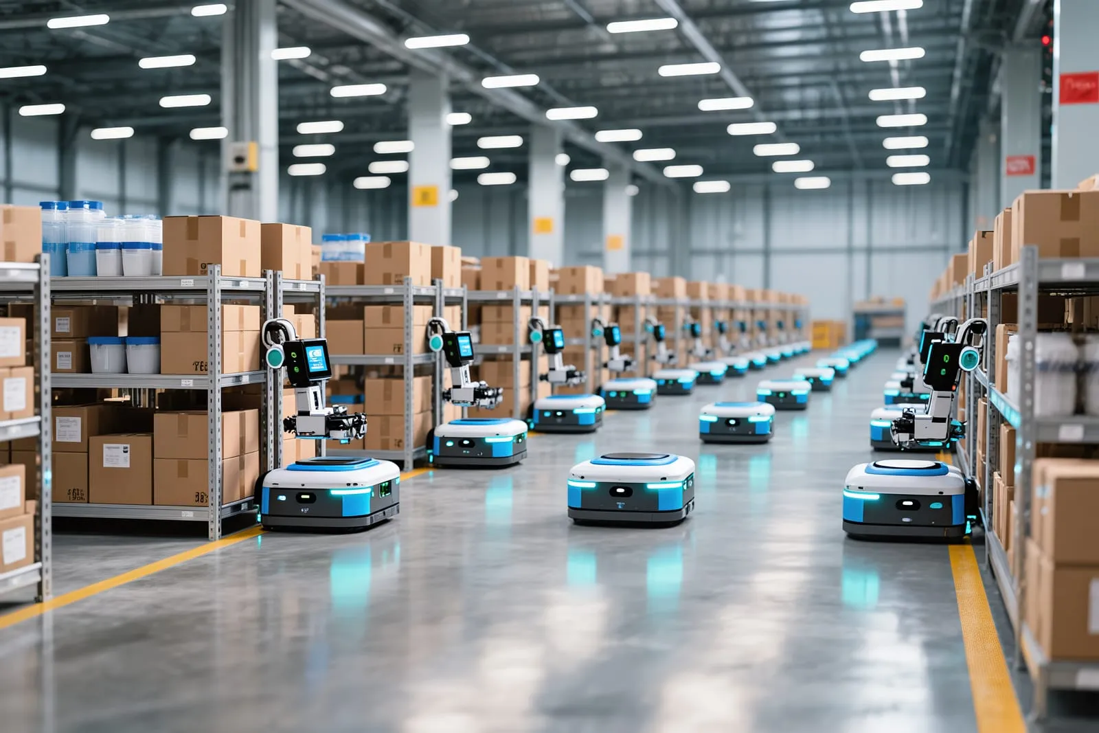 Smart warehouse with mobile robots and robotic pickers