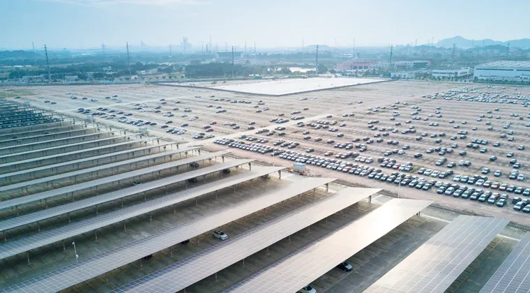 Solar carport panels covering large parking area
