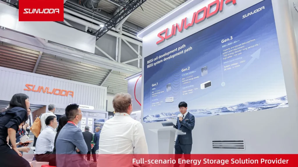 Sunwoda presenter explaining BESS development at trade show