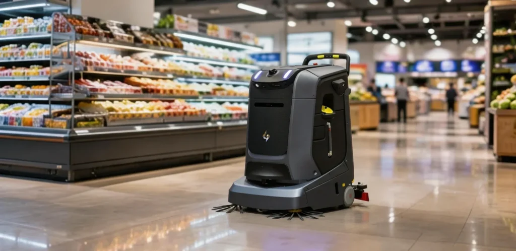 Cleaning robot in supermarket aisle