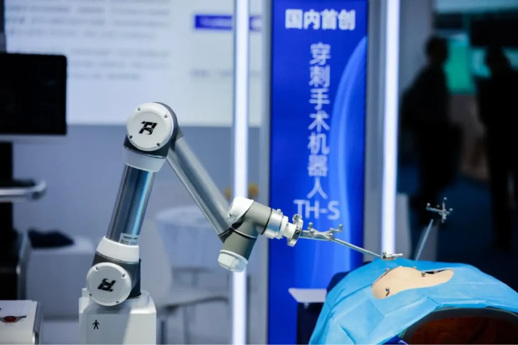 Robotic surgical arm performing a guided medical procedure.