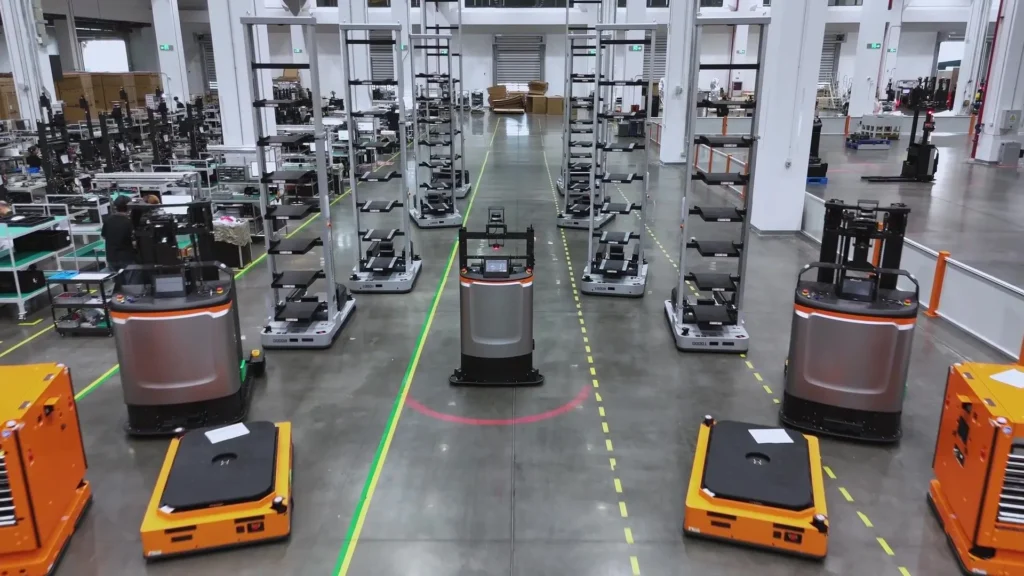 Automated warehouse robots moving racks in a facility