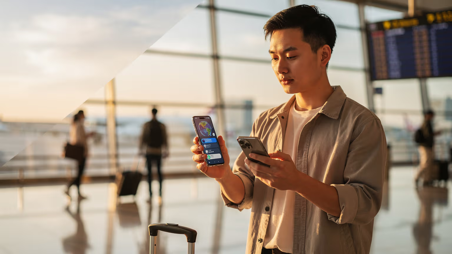 A young Chinese traveler in an airport departure hall using an AI travel app on his phone to plan a Golden Week trip.
