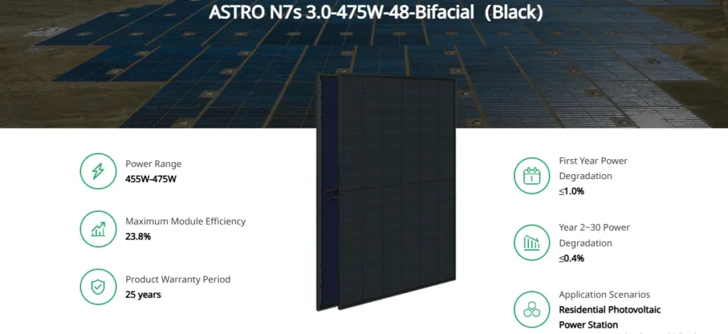 Product display showing ASTRO N7s 3.0 bifacial black module specifications and warranty details.