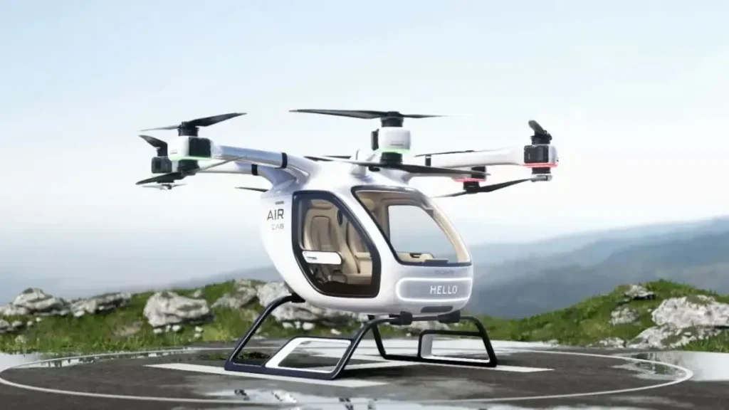 Compact air cab parked on a mountain helipad