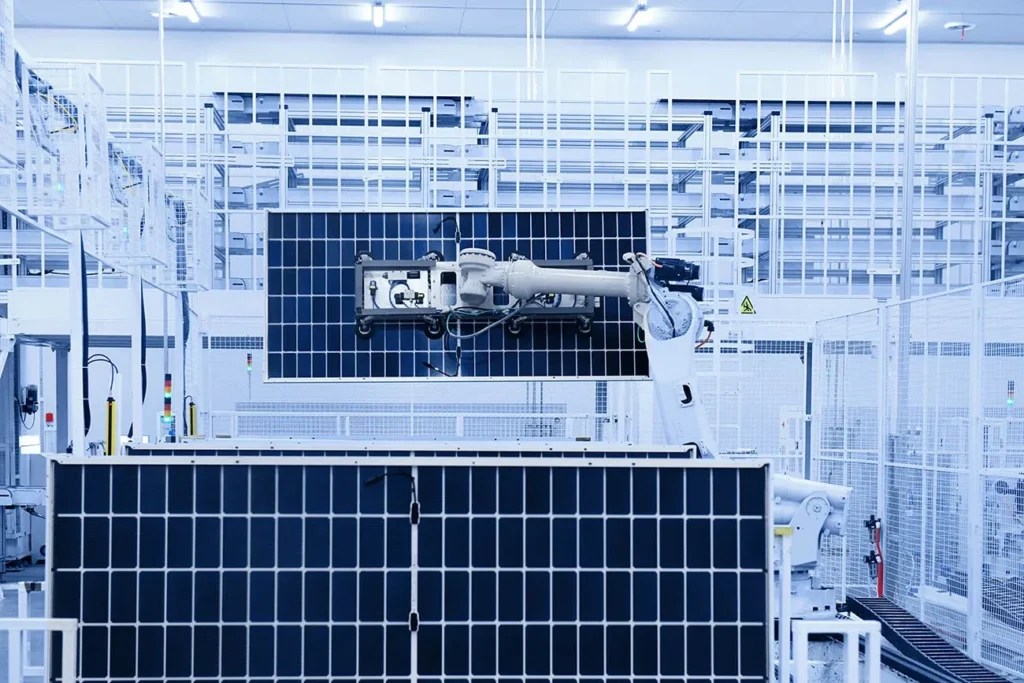 Robotic arm handling solar panels inside a clean automated Astronergy manufacturing facility.