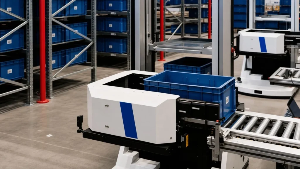 robots working in a high-density storage warehouse