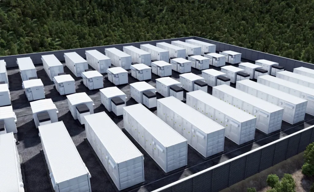 Aerial view of a large container-based energy storage facility.