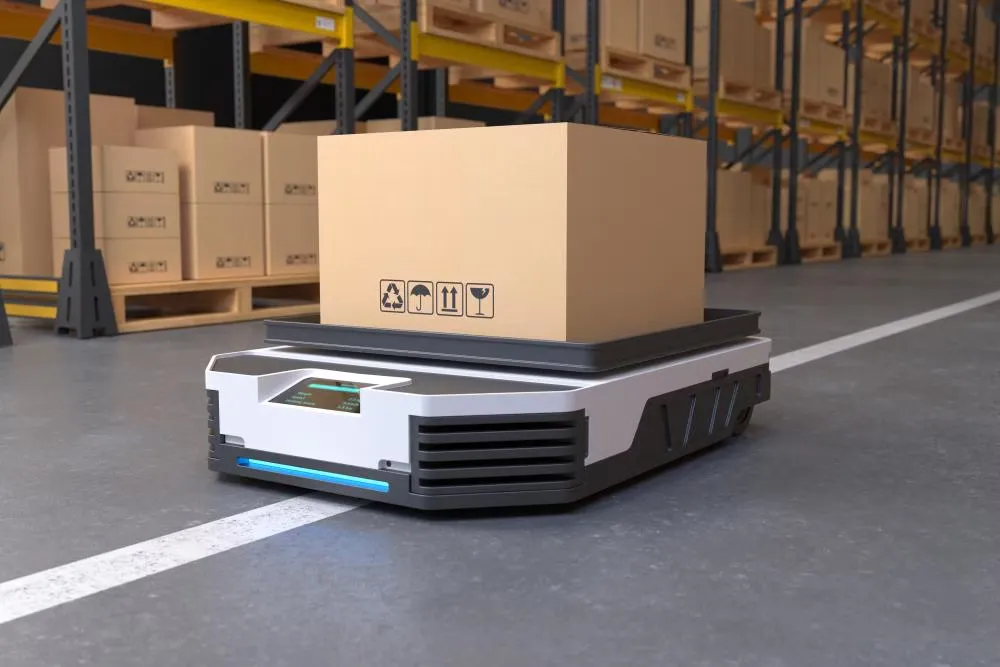 Mobile robot carrying a box in a storage warehouse