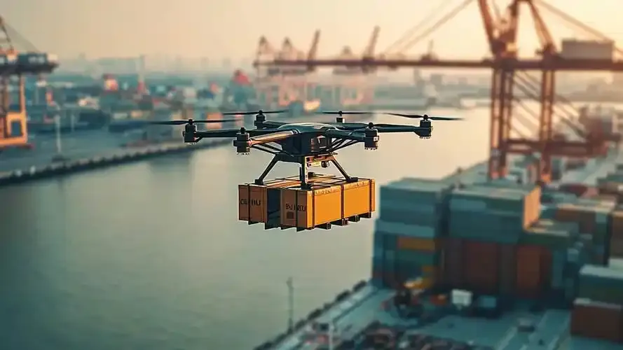 Cargo drone carrying boxes over a port